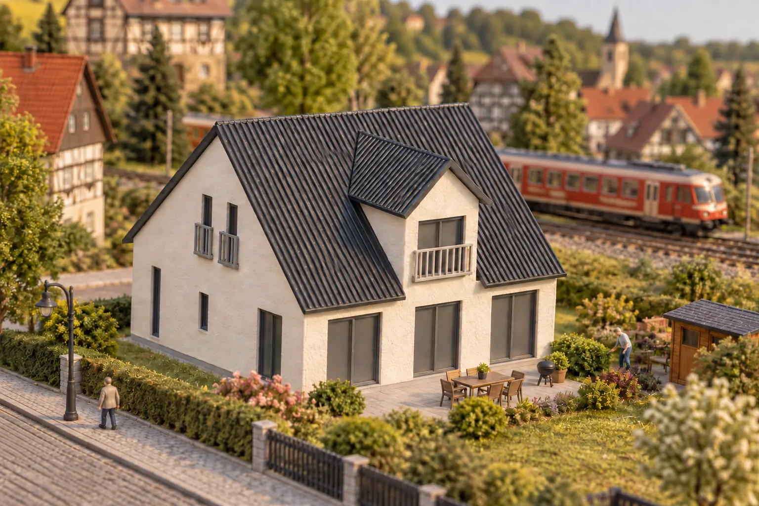 Individuell gedrucktes Modellhaus in Spur H0 auf einer Modellbahnanlage: weißes Einfamilienhaus mit dunklem Satteldach, Schleppgaube und Balkon, davor Terrasse, Hecke und Gartenweg, im Hintergrund ein roter Triebwagen.