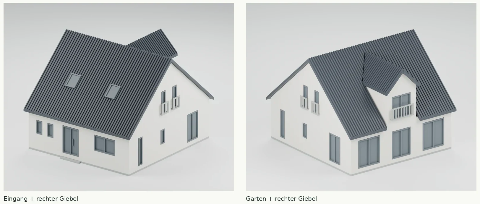 Zwei Renderings des fertigen H0-Modells: Eingangsseite und Gartenseite mit Satteldach, Schleppgaube, Balkon und Dachfenstern.