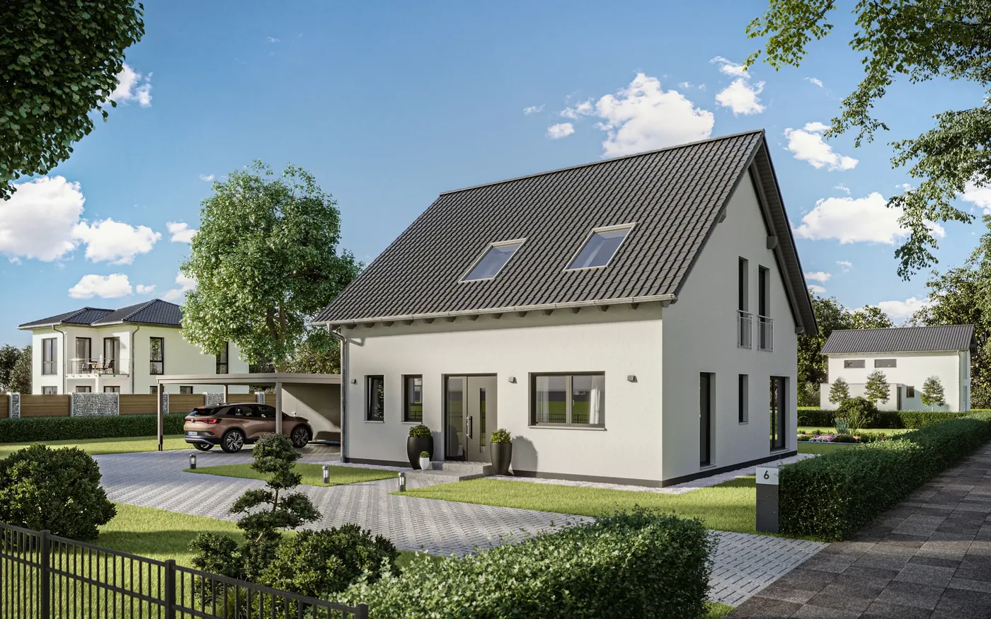 Freistehendes Einfamilienhaus mit Satteldach und Gaube von der Eingangsseite, daneben ein Carport – die Vorlage für das Modell.